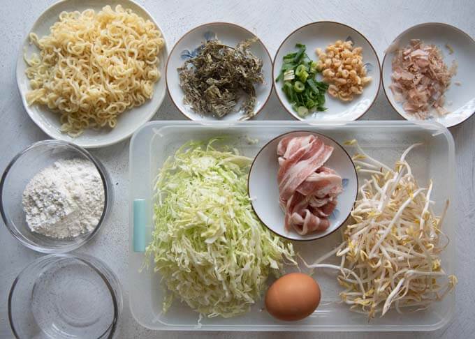 Ingredients to make Hiroshima Okonomiyaki.