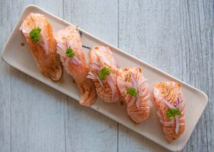 Top-down photo of 6 Aburi Salmon.