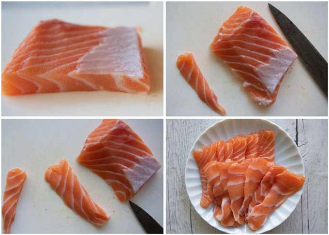 Showing how to slice a salmon fillet for nigiri sushi.