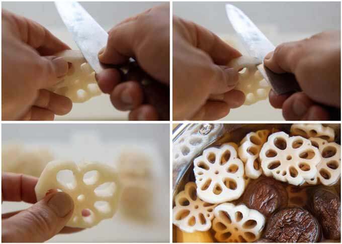 Step-by-step photo of how to make a lotus root flower.