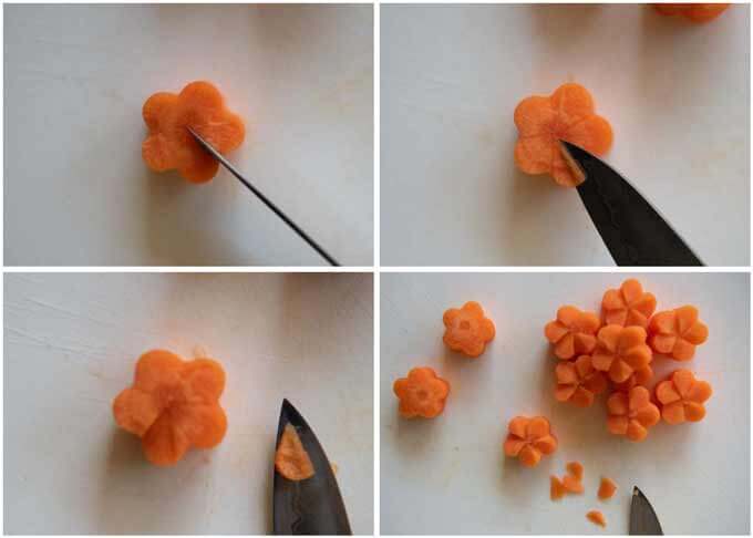 Step-by-step photo of how to make a carrot flower.