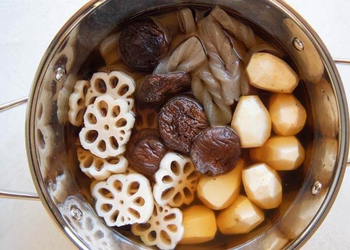 Simmered Vegetables (Nishime) ready to cook.