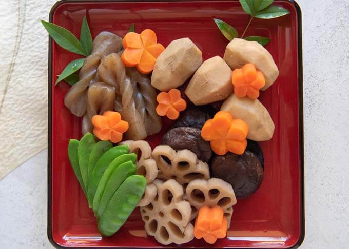 Top-down photo of Simmered Vegetables (Nishime).