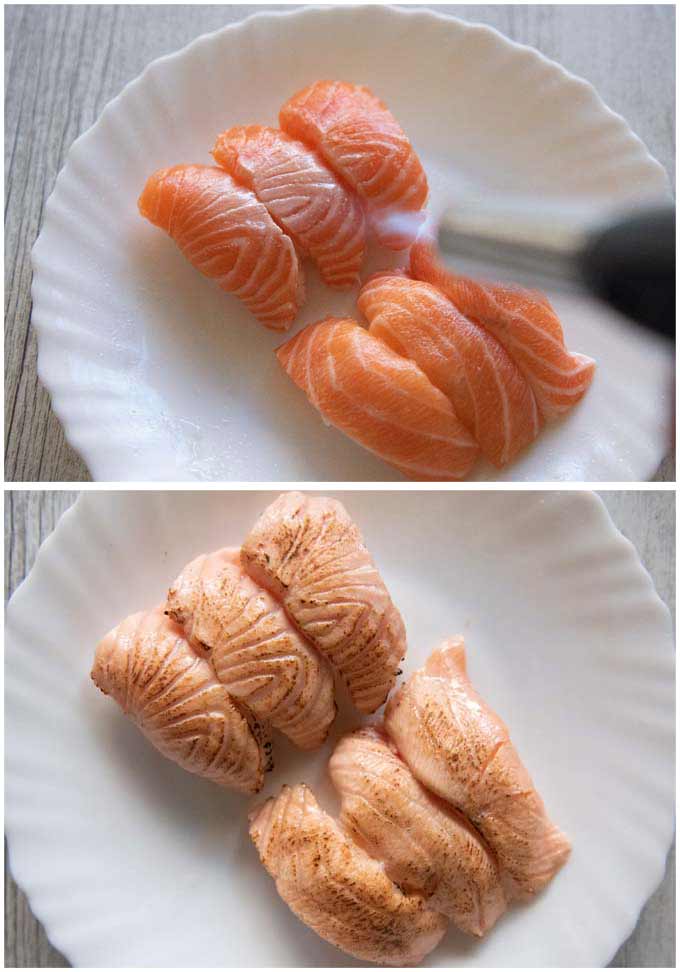 Showing before and after blowtorching the surface of salmon nigiri sushi.