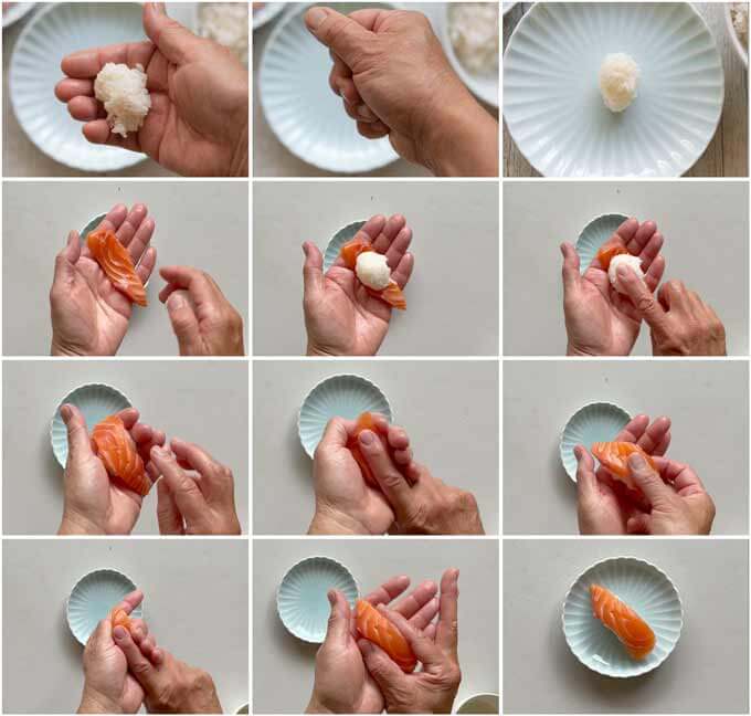 Step-by-step photo of how to make nigiri sushi.