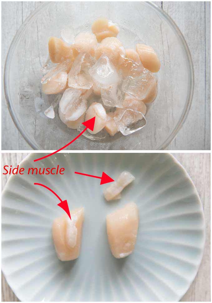 Thawing frozen scallops and showing the side muscle on a scallop.