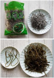 Chinese dried shredded kelp, showing before and after rehydrated.