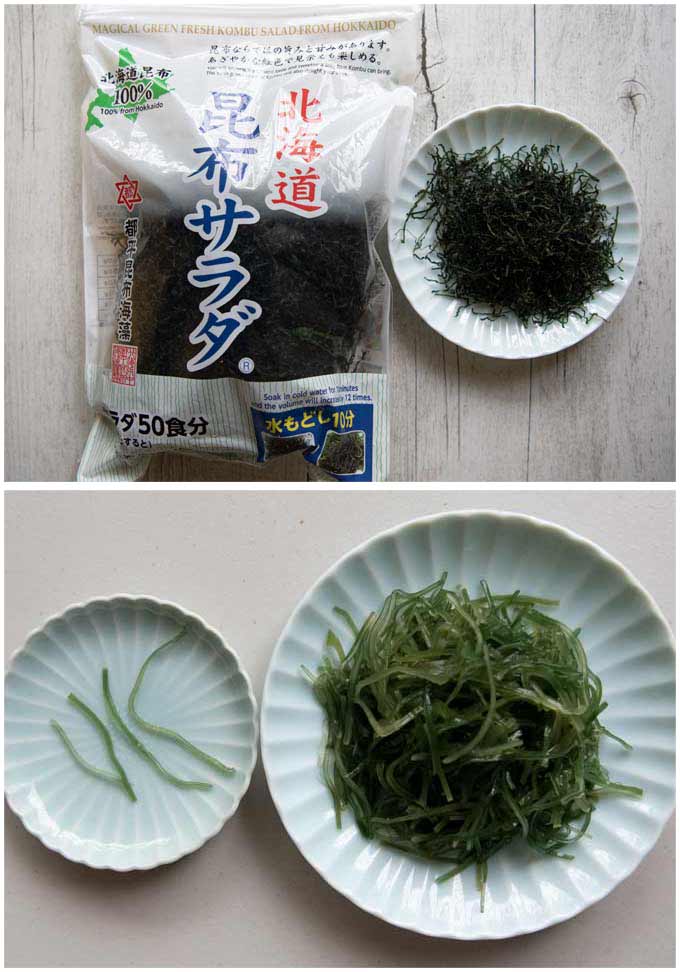 Japanese dried shredded kelp, showing before and after rehydrated.