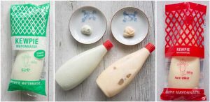 Kewpie wasabi mayonnaise and comparison of the colors between Kewpie wasabi mayo and normal mayo.