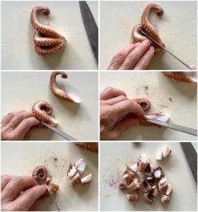 Step-by-step photo of cutting octopus legs.