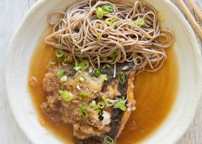 Top-down photo of Flounder Mizore-ni (Simmered Flounder in Grated Daikon).