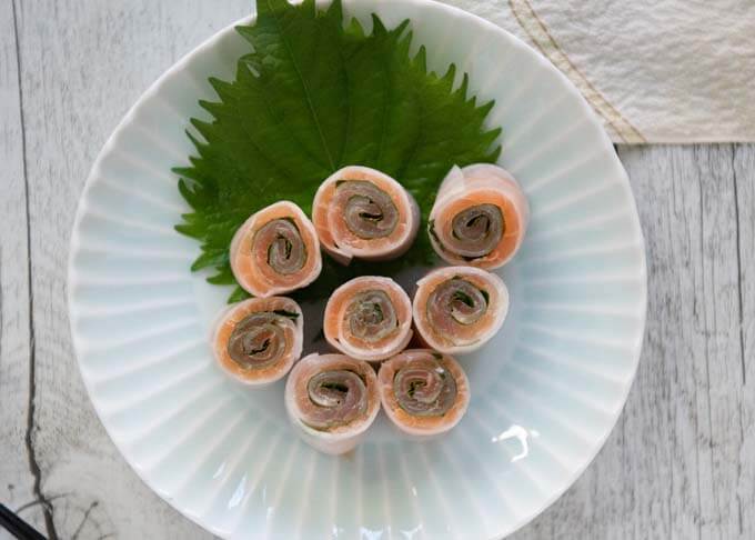 Top-down photo of Smoked Salmon Rolls served on a plate.
