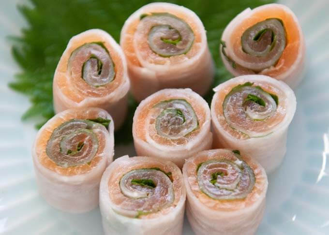 Zoomed-in photo of Smoked Salmon Rolls.
