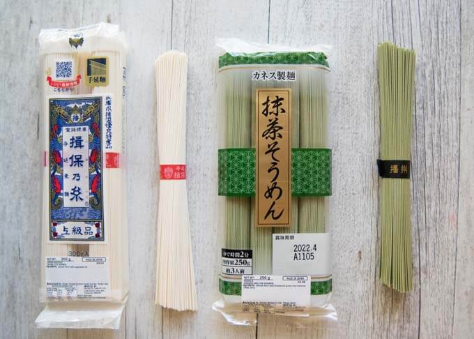Standard white sōmen and green matcha sōmen.