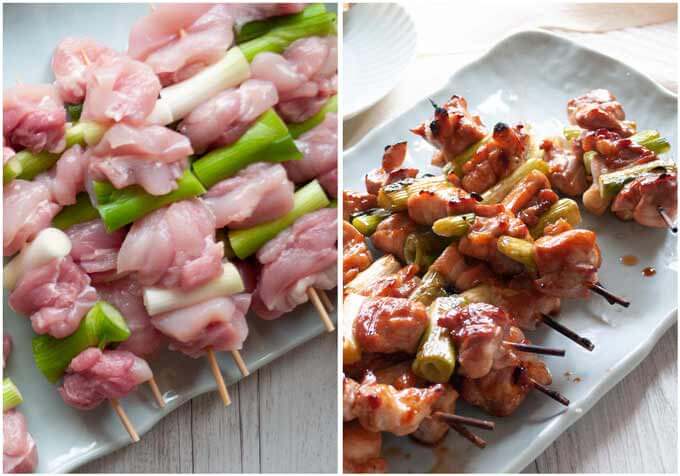 Yakitori negima before cooking and after cooking.
