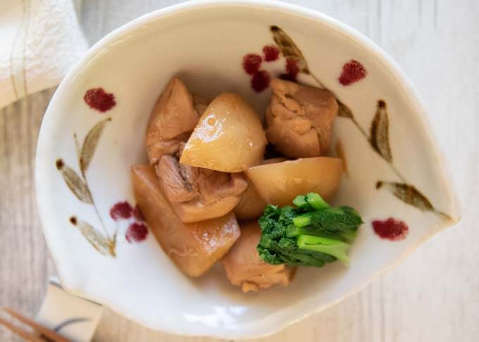 Top-down photo of Simmered Turnip and Chicken.