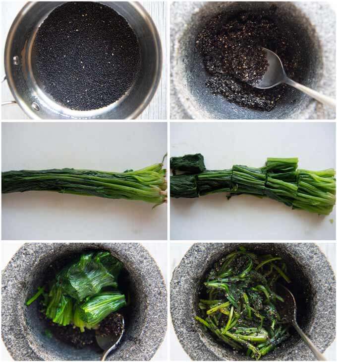 Step-by-step photo of how to make Spinach Kuro goma-ae (black sesame dressing).