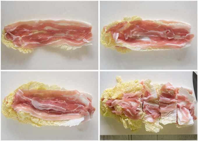 Showing how to layer Chinese cabbage leaves and pork slices.
