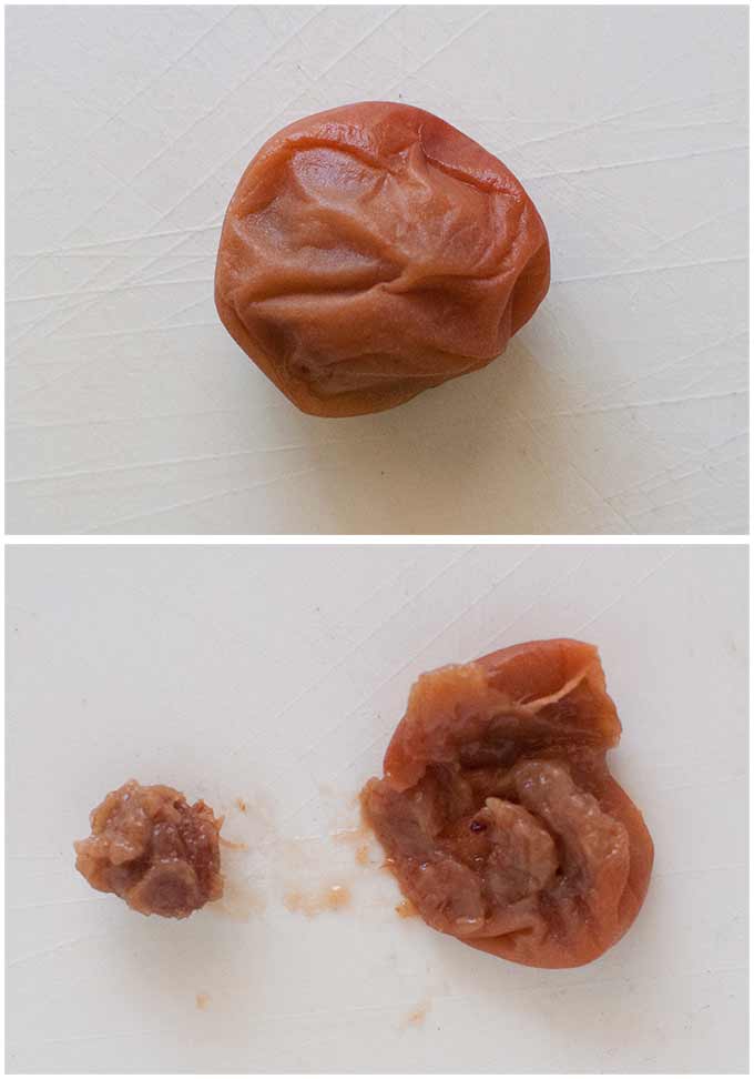 Before and after deseeding a pickled plum.