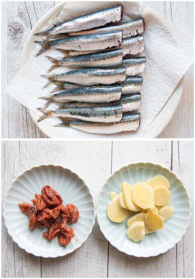 Key ingredients for Simmered Sardines with Pickled Plum.
