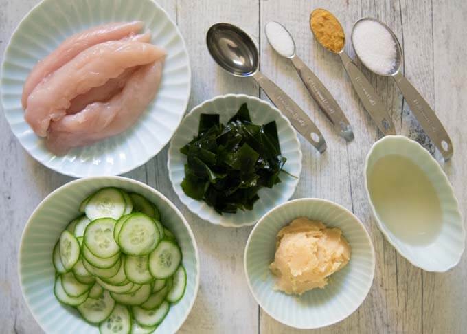 Ingredients for Poached Chicken Tenderloin with Mustard-miso Dressing.