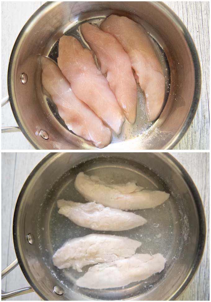 Before and after poaching the chicken tenderloin.