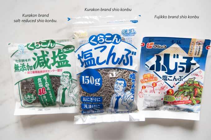 Different shio konbu packets from the shop.