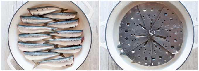 Pre-cooking sardines in vinegar water.
