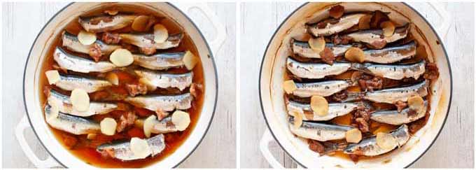 Simmering sardines in flavoured sauce with umeboshi and ginger.