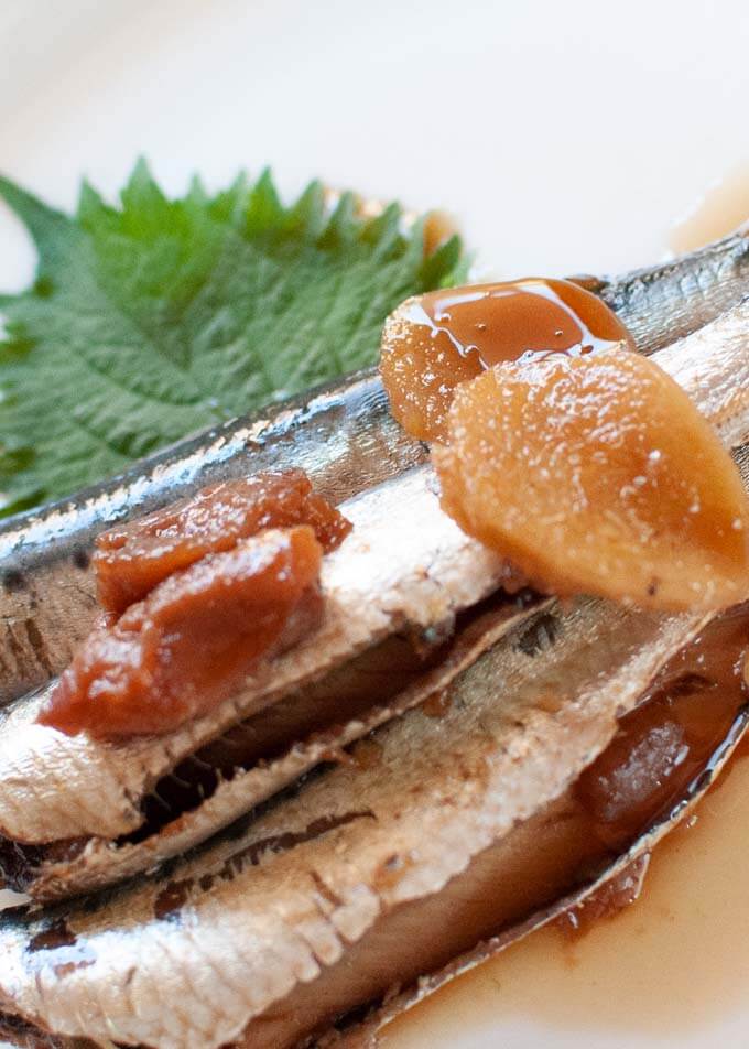 Zoomed-in photo of Simmered Sardines with Pickled Plum.