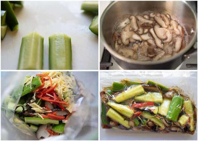 Step-by-steps of how to make Pickled Cucumbers and Shiitake Mushroooms.