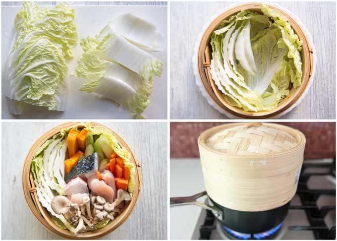 step-by-step-photo of how to make Steamed Chicken and Fish with Vegetables.