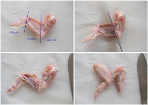 Showing chicken wings sections and cutting the joint to detach the drumette from the wingette.