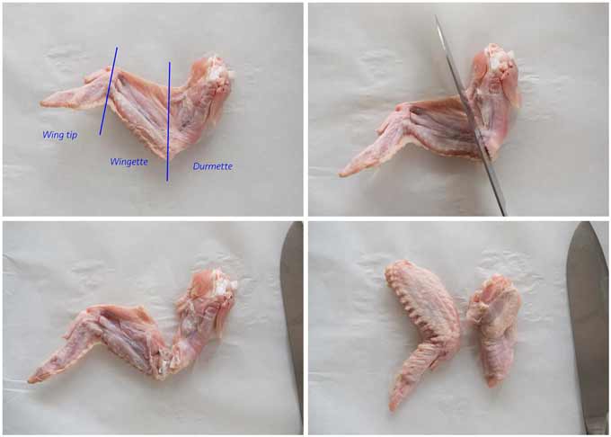 Showing chicken wings sections and cutting the joint to detach the drumette from the wingette.