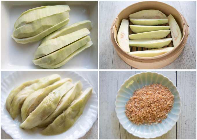 Step-by-step photo of steaming eggplant wedges and a photo of powdered dried shrimp.