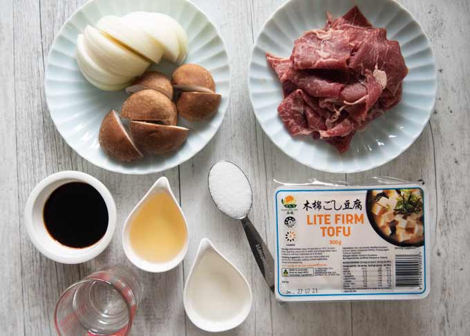 Ingredients for Simmered Beef and Tofu (Niku Dōfu).