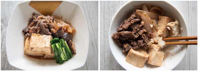 Two serving variations of Simmered Beef and Tofu (Niku Dōfu).