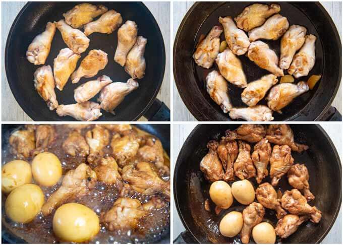 Step-by-step photo of simmering chicken drumettes in sweet and sour sauce.