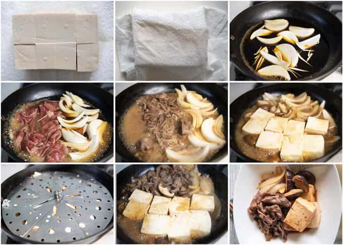 Step-by-step of making Simmered Beef and Tofu (Niku Dōfu)..