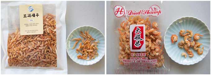 Showing meaty dried shrimp and paper-thin dried shrimp.