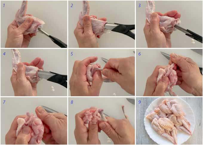 Step-by-step photo of de-boning a wingette for Chicken Wing Gyōza..