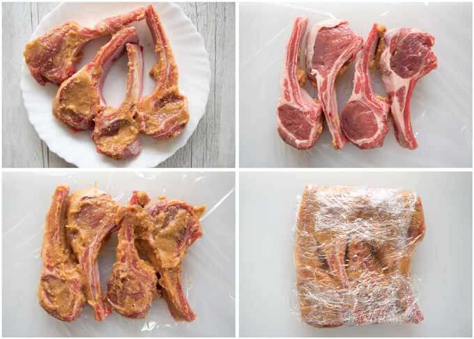 Step-by-step photo of marinating lamb cutlets.