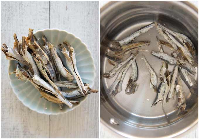 Showing niboshi (dried anchovies) after removing the heads and guts and niboshi soaked in water to get dashi.