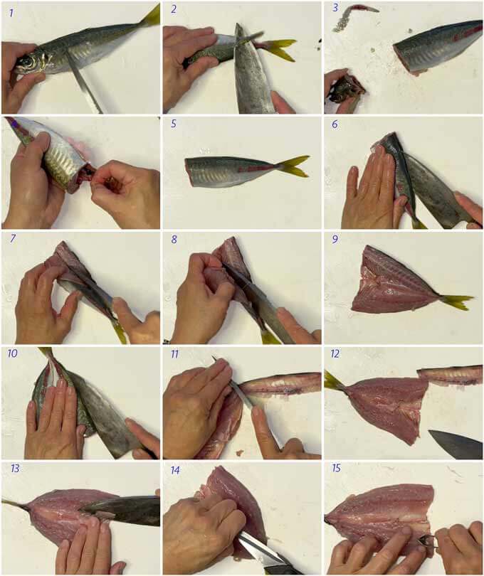 Step-by-step photo of how to fillet horse mackerel in the sebiraki method.