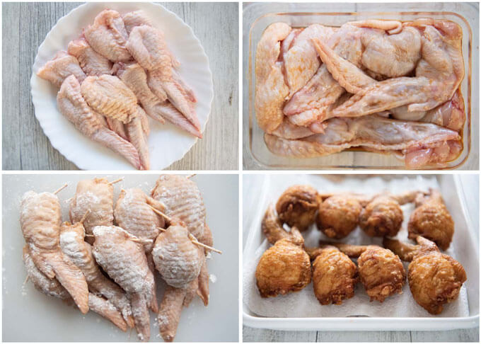 Step-by-step photos of deboned & marinated wingettes, stuffed wings, and deep-fried wings.