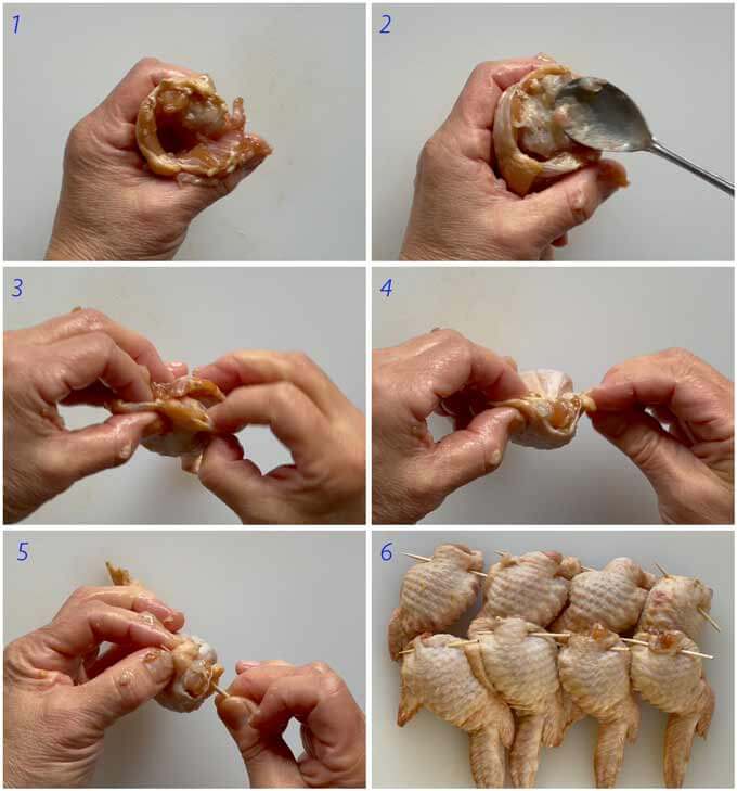 Step-by-step photo of stuffing a wingette for a Chicken Wing Gyōza.