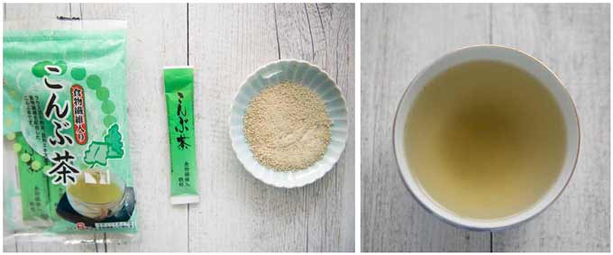Konbucha pack, powder inside the sachet, and Konbu Cha (tea).