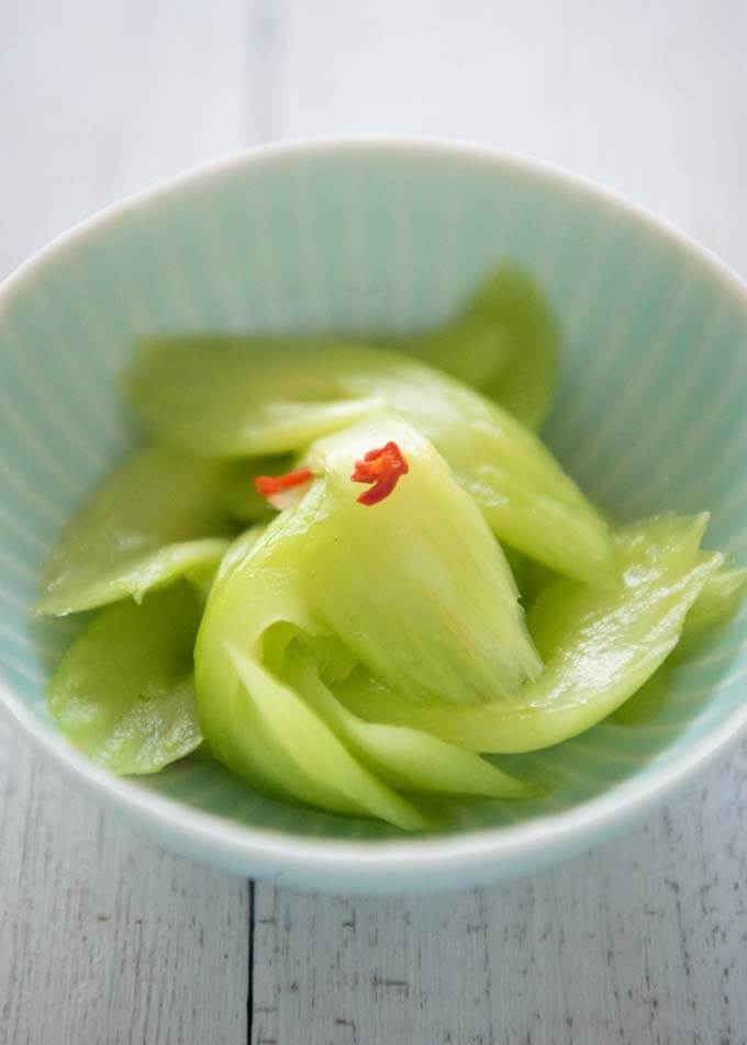 Sliced celery pieces pickled in Konbu Cha with chopped chilli.