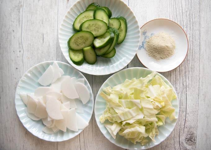 Ingredients for Konbu Cha Pickled Vegetables.