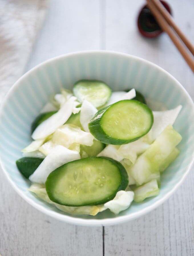 Hero shot of Konbu Cha Pickled Vegetables served in a bowl.